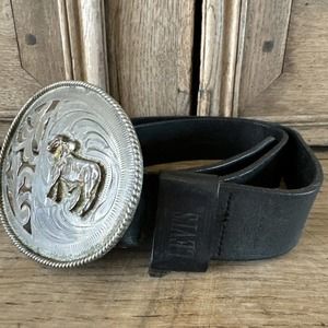 Vintage Levis Mens Black Leather Belt 36 Western Belt Buckle Bull Alpaca Mexico